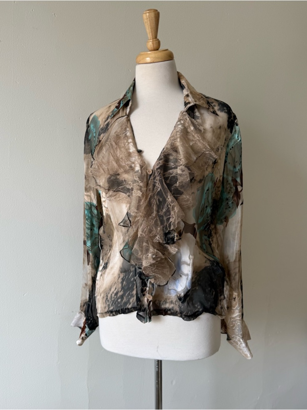 Silk Blend Sheer Blouse Lace Ruffle Boho Romantic Top Neutral Print